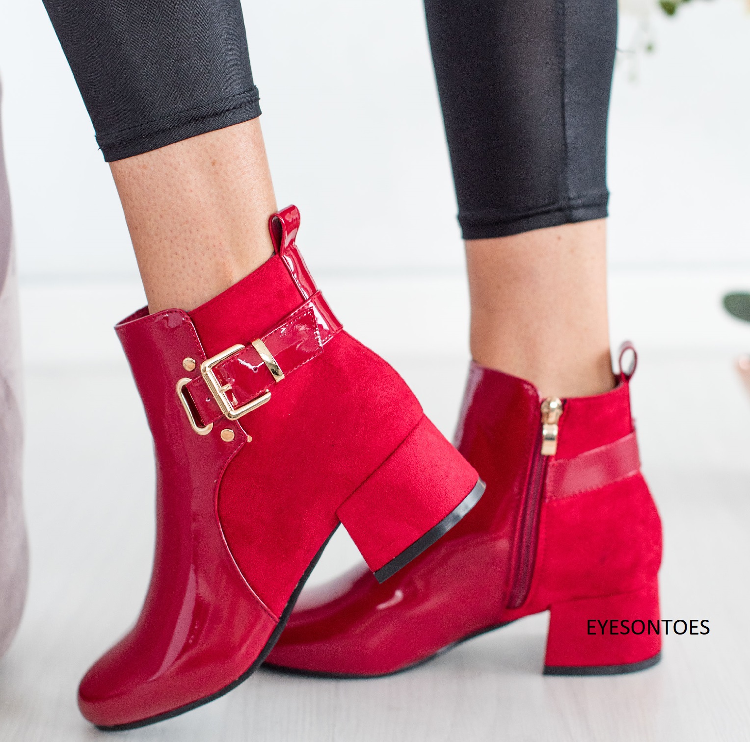 LADIES WOMENS ANKLE BUCKLE ZIP CHELSEA BLOCK LOW HEEL PATENT SHOES